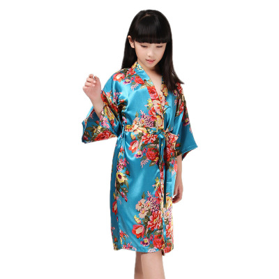 Foreign Trade Children's Summer Thin Artificial Silk Cardigan Robe Sweet Flower Girl Long below the Knee Home Nightgown Bathrobe