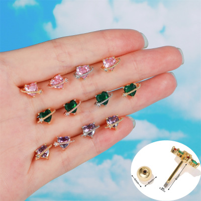 Net Red Wind Small Peach Heart Ear Bone Nail Exquisite Small Color Zirconium Earrings Spiral Twist Ball Piercing Love Heart Stud Earrings