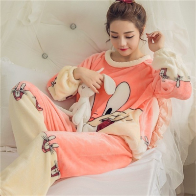 Winter Flannel Pajamas Pullover Coral Velvet Pajamas Women Thickened Cartoon Ladies Home Leisure Suit Fleece-Lined Winter