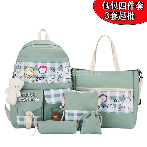 Four-Piece Student Plaid Backpack Female Korean Casual Canvas Junior High School Campus Backpack Computer Backpack