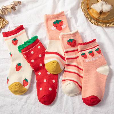 2022 Autumn New Kid's Socks Cute Cartoon Strawberry Girls' Stockings Sweet Lace Baby Socks Delivery