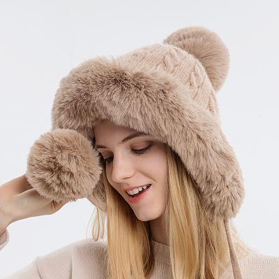 9891 Autumn and Winter Women's Sleeve Cap Three Fur Balls Outdoor Thickened Velvet Cold Protection Keep Warm Pure Color Knitted Hat