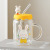 Creative Cartoon Xiaomengtu Glass Borosilicate Scale Glass with Cover Spoon Transparent Household Water Cup with Straw