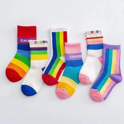 Children's Rainbow Socks Tube Socks Korean Fashion All-Match Children Colorful Striped Cotton Socks for Boys and Girls Sports Trendy Socks