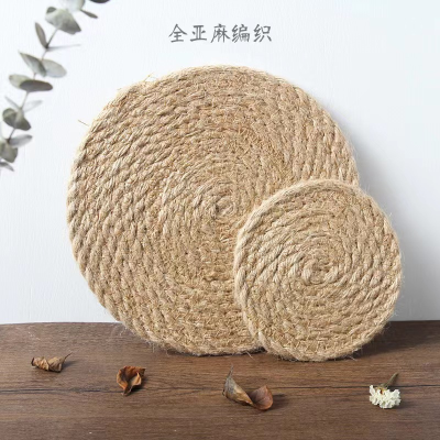 All Linen Straw Woven round Thickened Home Placemat Kitchen Unit Anti-Scald Thermal Pad Cup Plate Pot Ins Non-Slip