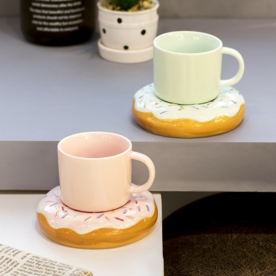 Creative Personalized Girly Gift Donut Coffee Cup Breakfast Cup Porcelain Hand Painted Afternoon Tea Cup and Saucer Combination Cup