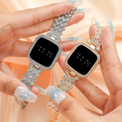 Cross-Border Square Steel Belt Full Diamond Led Touch Screen Women's Watch Light Luxury Rhinestone Square Led Display Women's Quartz Watch