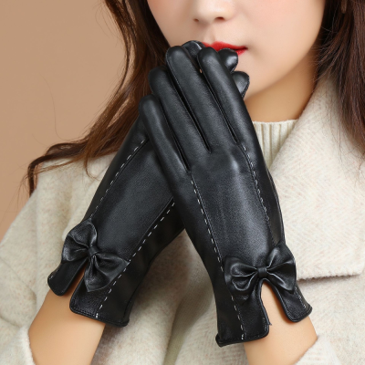 Women's Faux Leather Gloves Winter Fleece-Lined Touch Screen Gloves Bow Warm Gloves Pu Gloves Winter Women's Gloves
