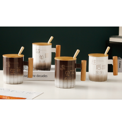 New Product Creative Simple Life Wooden Handle High-End Ceramic Cup Mug Milk Cup Coffee Cup Couple's CUPS Logo