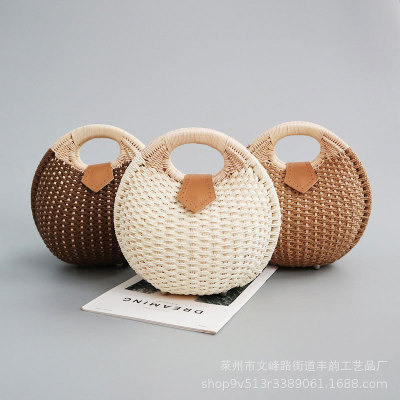 Straw Shell Handmade Women's Woven Bag round Clutch Candy Color Inner Pocket Buckle Design Women's Bag