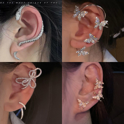Korean Fashion Diamond Butterfly Ear Clip Niche Bow Non-Pierced Ear Bone Clip Ear Hanging European and American Earrings Earrings for Women