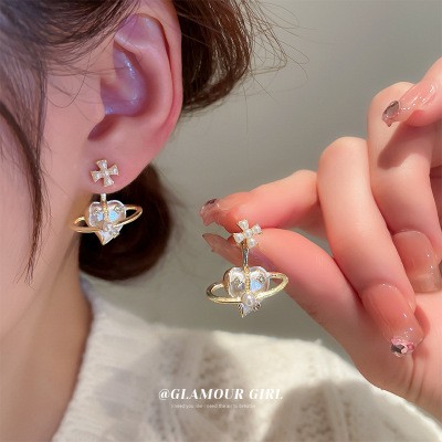 Silver Stud Rhinestone-Encrusted Pearl Heart Double-Sided Stripe Stud Earrings Korean Personality Design Ins Style Earrings Simple Earrings Wholesale