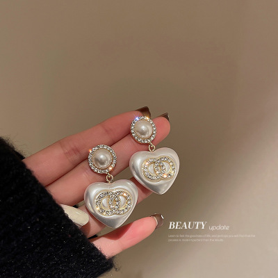 925 Silver Stud Rhinestone-Encrusted Pearl Double Ring Love Heart Earrings French Entry Lux Niche Earrings Elegant High-Grade Earrings for Women