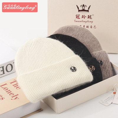 French Fashion Letters M Standard Rabbit Fur Knitted Hat Autumn and Winter Warm Hat Earflaps Woolen Hat Internet Celebrity Pullover Beanie Hat