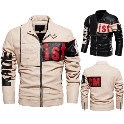 Foreign Trade Men's Jacket New Men's Fashion Motorcycle Clothing Color Matching Pu Jacket Fleece-Lined Cream-Colored Leather Coat Men