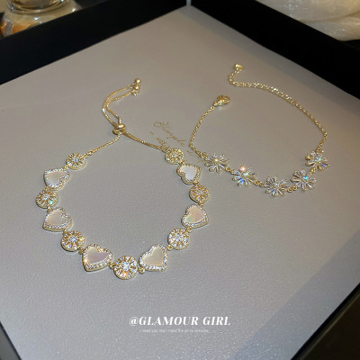 Real Gold Plating Heart-Shaped Zircon Flower Adjustable Bracelet Internet Celebrity Special Interest Light Luxury Design All-Match Jewelry Women Wholesale