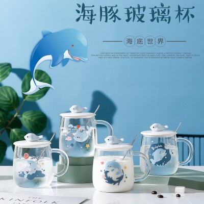 Heat-Resistant Transparent Glass Dolphin Water Cup Heat Resistant with Cover Milk Coffee Cup Girl Cute Cup Used in Home Large Capacity