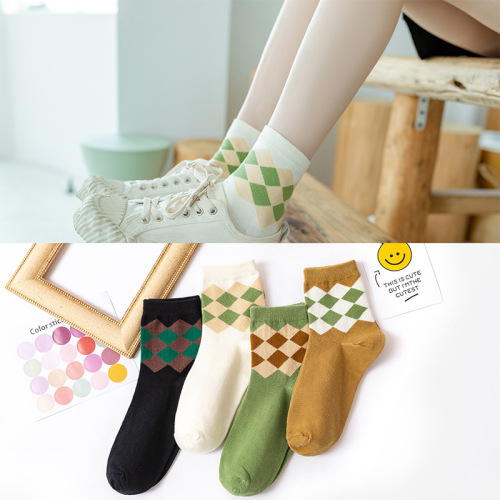 socks women‘s spring/autumn and winter mid-calf socks rhombus plaid cotton socks korean style versatile preppy style fresh japanese stockings