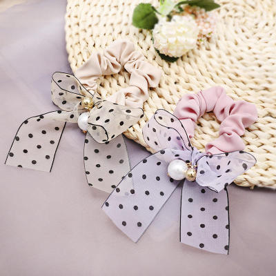 Wholesale stretch hair band fashion pearl lace polka dot bow ribbon cute scrunchies