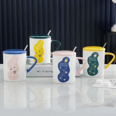 Creative Bright Starry Sky Ceramic Cup with Cover Spoon Student Holiday Birthday Gift Office Drinking Coffee Cup Wholesale