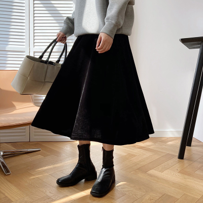 Black Pleuche A- line Skirt Autumn Clothing Mature Elegant Big Swing Mid-Length High-Waisted Skirt Children
