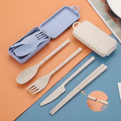 Wheat Straw Folding Tableware Set Removable Knife, Fork and Spoon Chopsticks Outdoor Portable Tableware Set Gift Box