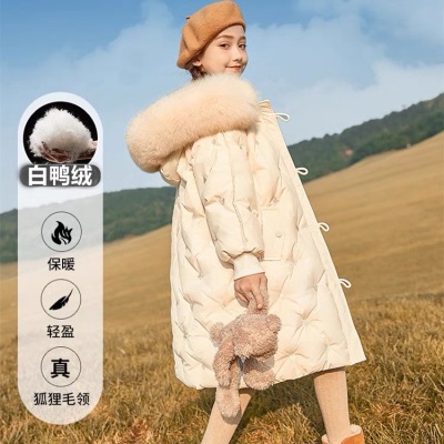 2022 Winter New Girl 'S Down Coat Mid-Length White Duck Down Thickened Warm Big Fur Collar Top Down Jacket