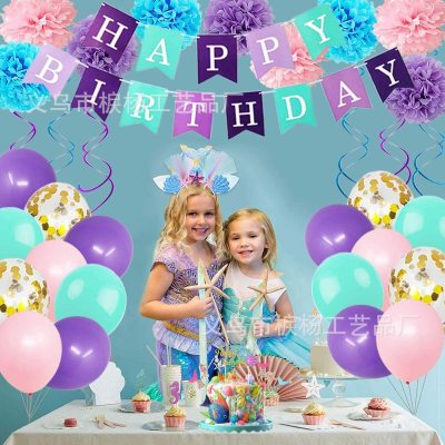 Mermaid Birthday Party Supplies Party Decoration Set Happy Birthday Banner Balloon Paper Flower Ball Spiral Charm