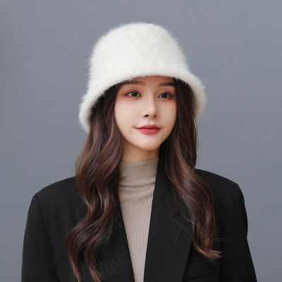 Rabbit Fur Bucket Hat Female Fur Bucket Hat Korean Warm Hat Autumn and Winter Show Face Small Bucket Cap Winter Plush Bonnet Female