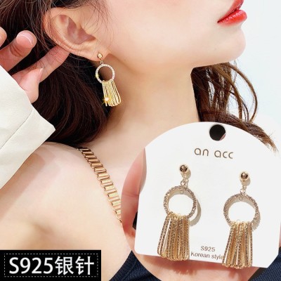 S925 Sterling Silver Needle Korean Circle Metal Rhinestone Earrings Women's Graceful Online Influencer Geometric Multi-Layer Tassel Special Earrings