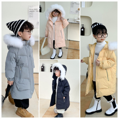 Children's down Jacket 2022 Winter Boys and Girls Korean Style Thickening plus Size Fur Collar down Jacket Overknee Long Warm Jacket