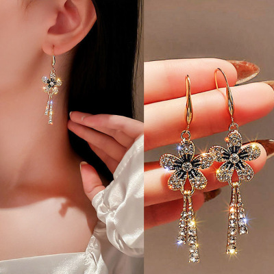 Retro Flower Ear Hook Special-Interest Design Elegant High Sense Diamond-Studded Tassel Earrings 2022 New Fashion Earrings for Women