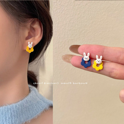 925 Silver Needle Korean Sweet Mori Cartoon Bunny Earrings Small Fresh Flower Earrings Cute Animal Earrings