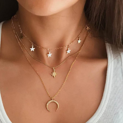 European and American Jewelry Retro Multi-Layer Five-Pointed Star Moon Pendant Necklace Female Bohemian Moon XINGX Clavicle Chain