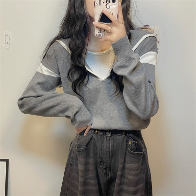 2022 Autumn New Fake Two-Piece Hooded Sweater Top Women's New Long Sleeve Student Inner Bottoming Shirt Fashion