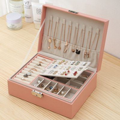 New Double-Layer Wooden Jewellery Box Stud Earrings with Lock Earring Storage Box Jewelry Box Jewelry Box Gift Box Wholesale