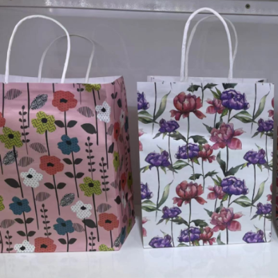 White Pink Colorful Flower And Grass Kraft Paper Shopping Bag Four-Color Gift Bag Handbag