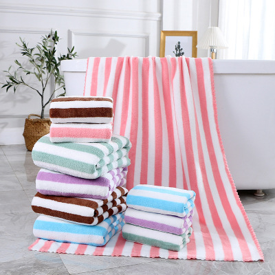 Coral Fleece Towels High Density Cationic Striped Bath Towel Warp Knitting Absorbent Double-Side Velvet Towel Wholesale