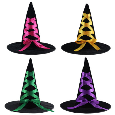 Halloween Hat Adult and Children Witch Flannel Wizard's Hat Masquerade Party Dress up Ribbon Witch Hat