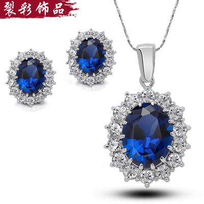 Foreign Trade High-End Necklace Earings Set European and American Royal Family Princess' Same Style Rhinestone Sapphire Necklace EBay Hot Sale