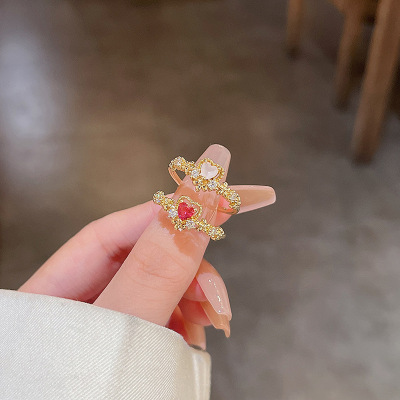 INS Tide Refined Zircon Love Heart-Shaped Ring Super Girl Temperament Entry Lux Niche Opening Adjustable Index Finger Ring