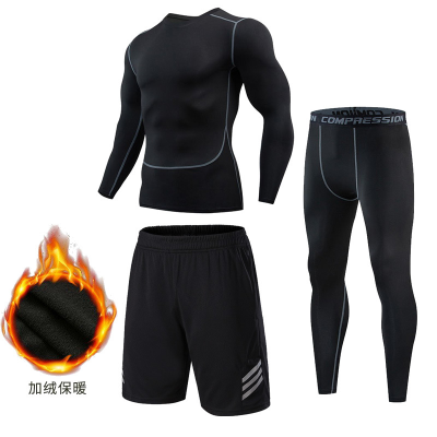 Autumn and Winter Fleece-Lined Workout Clothes Suit Men's Sports Pro Tights Running Training Thermal Base Fast Drying Clothes
