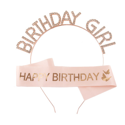 Birthday Party Birthday Gir Letter Headband Shoulder Strap Suit Female Rhinestone Headband Birthday Girl Head Accessories
