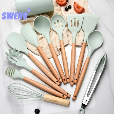 12-Piece Silicone Kitchenware with Wooden Handle Silicone Kitchenware Set Baking Tool Scraper Egg Beater Silicone Shovel Food Clip