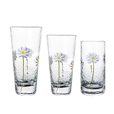 Hand Painted Little Daisy Hammered Pattern Cup Household Heat-Resistant Water Cup Golden Trim Glass Juice Glass Factory Wholesale