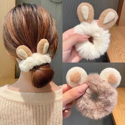 Rabbit Ears Plush Hair Ring Female Autumn and Winter Lovely Heart-Shaped Japanese Rubber Band Bun Tie-up Hair Headdress Rubber Ring