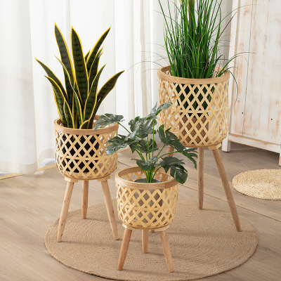 Nordic Instagram Style Living Room Plant Bamboo Weaved Flower Basket Decoration Monstera Deliciosa Rattan Woven Flowerpot Balcony Flower Rack Woven Basket