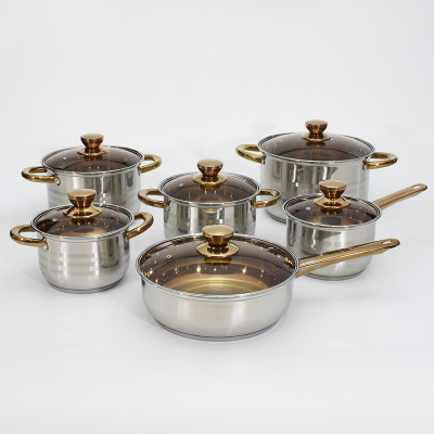 Hz19 Wholesale Stainless Steel Pot Set Induction Cooker Gas Stove for Amazon Gold Plated European 12 Pieces Pot Set