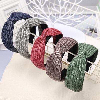 European and American Style New Headband Fashion Solid Color Straw Wide-Edged Headband Hairpin Women's out Headwear Hair Tie C431
