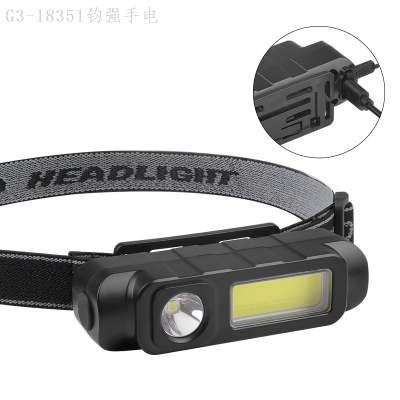 Cross-Border Cob + Led Glaring Headlamp Built-in Battery USB Rechargeable ABS Adjustable Fixed Focus Light Light Headlight